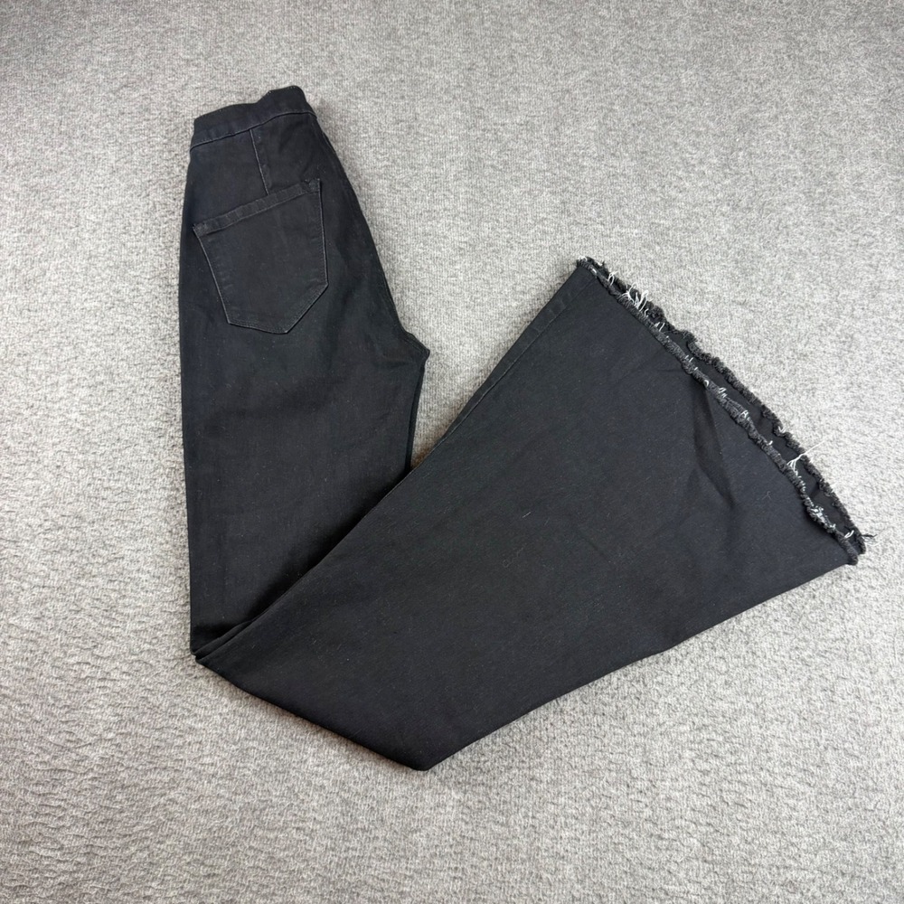 Daisy Flare Jeans Womens Small Black High Rise Raw Hem Bell Bottom Stretch Denim